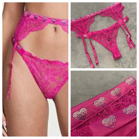 New! Victoria’s Secret Shine Strap Hearts Lace Panty & Garter Belt Set 10302 - Picture 1 of 12